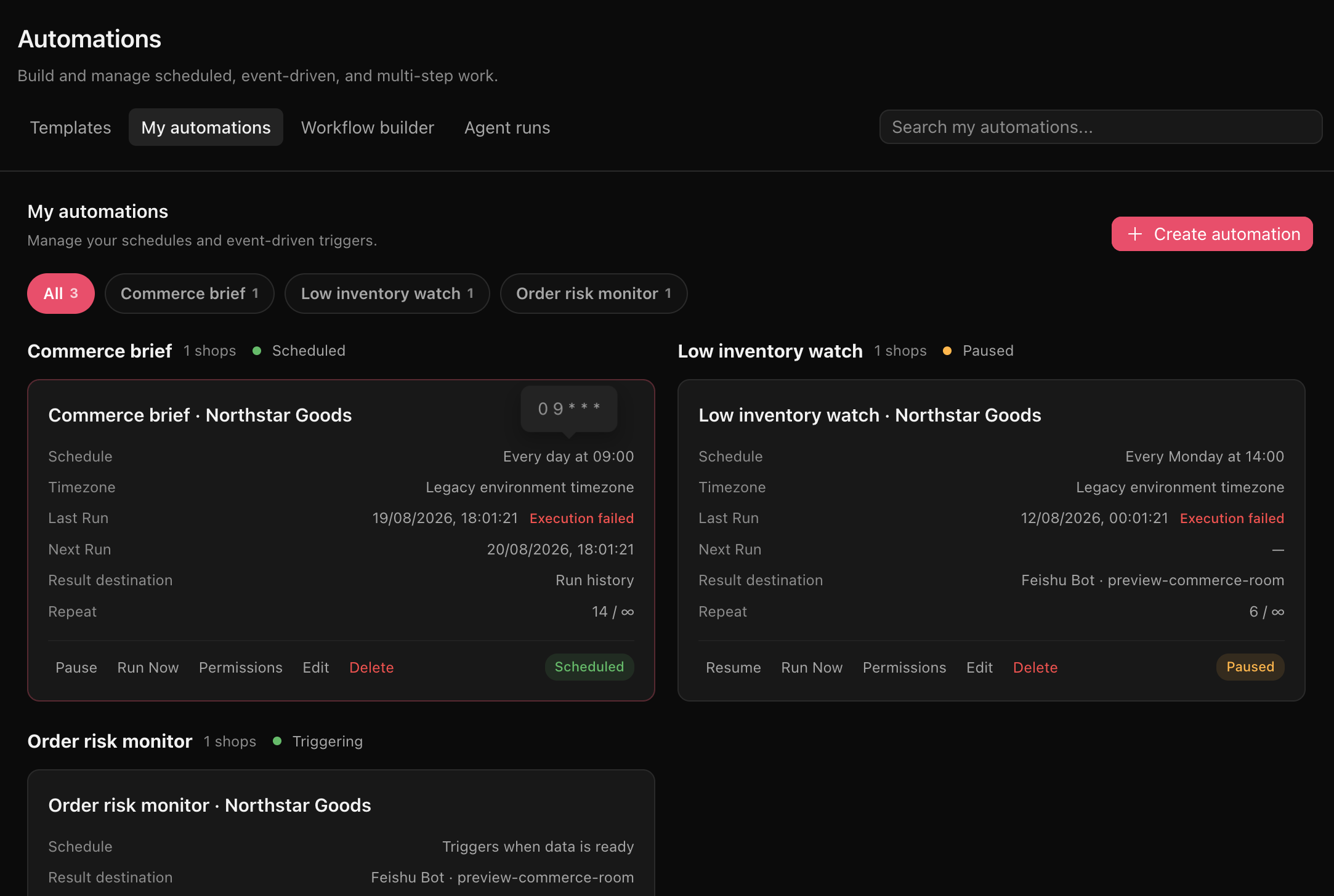 OperaX Automations dashboard with scheduled commerce briefs, inventory watches, and order risk monitors
