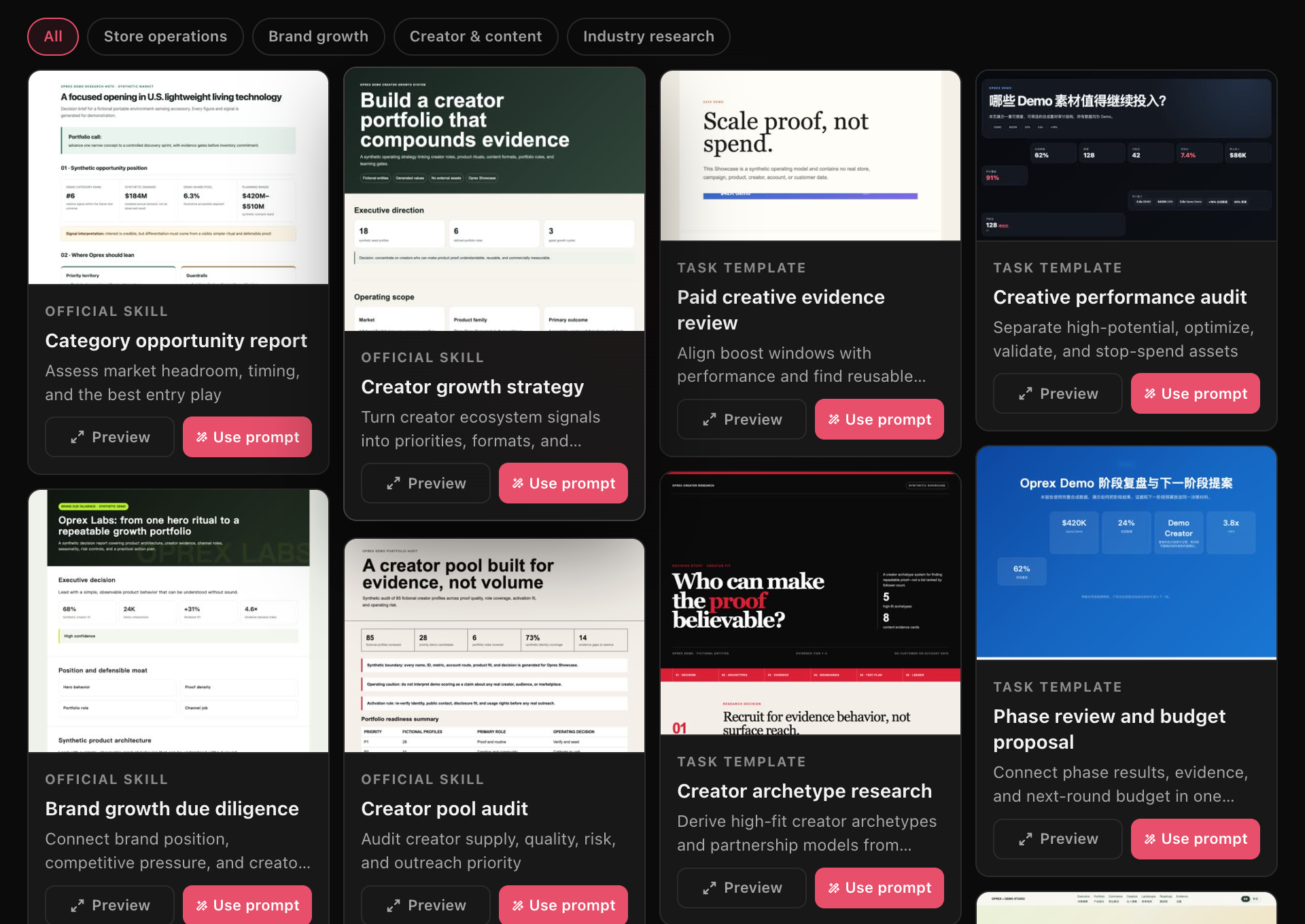 OperaX workflow library with ready-made report, creator strategy, and performance review templates